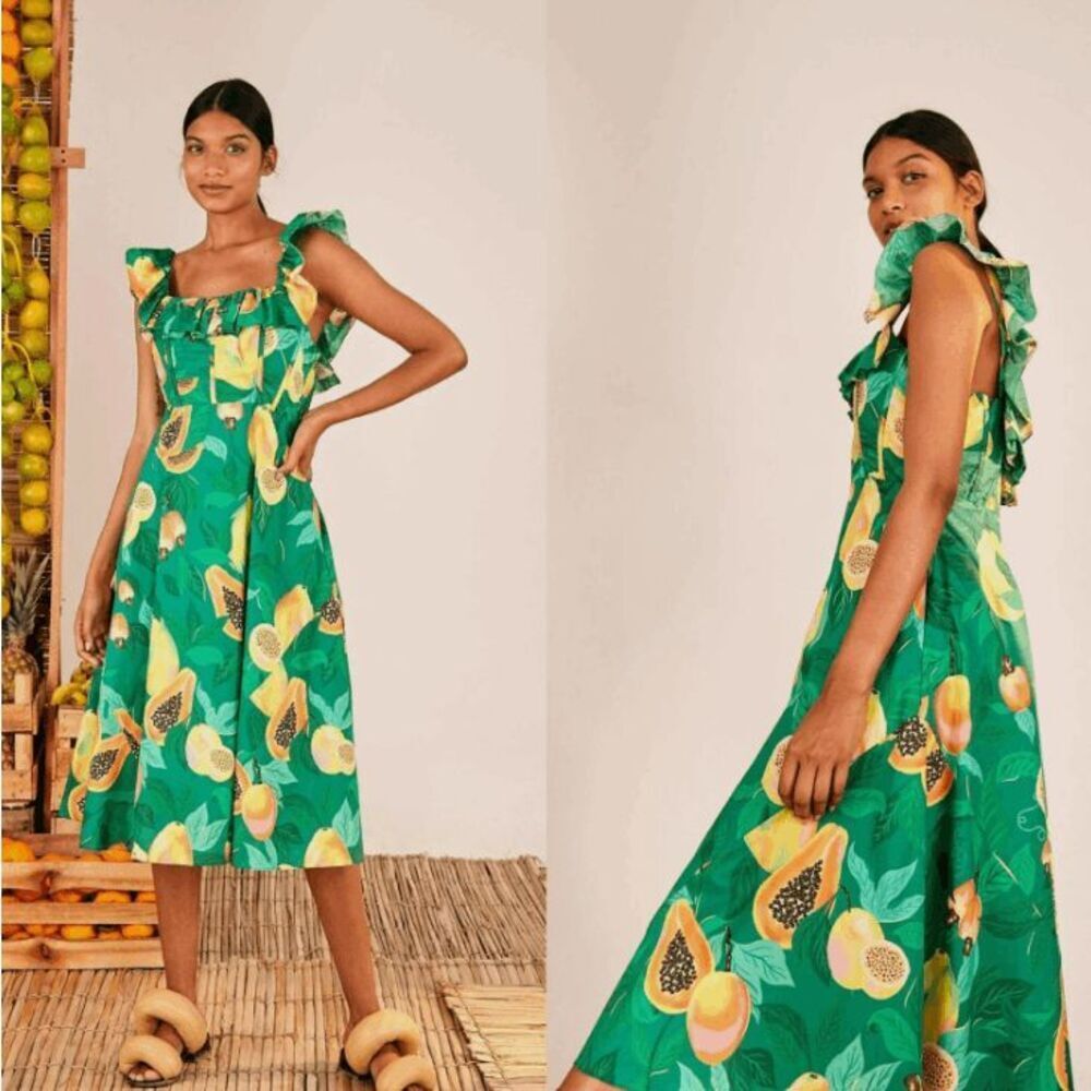 Farm Rio Papaya Salad Midi Dress Sleeveless Side‎ Zip Boned Bodice Green Small
